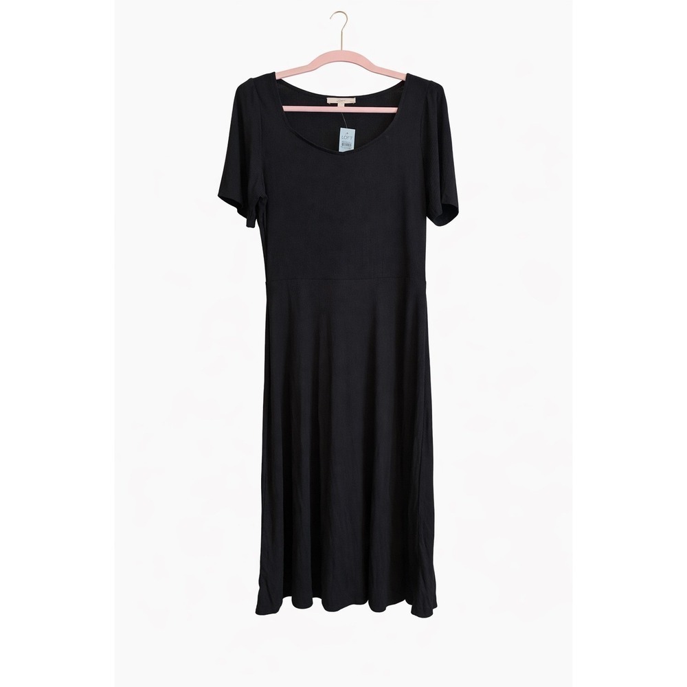 NWT LOFT Black Rib Knit Dress Large Petite Stretch A Line Workwear Minimalist